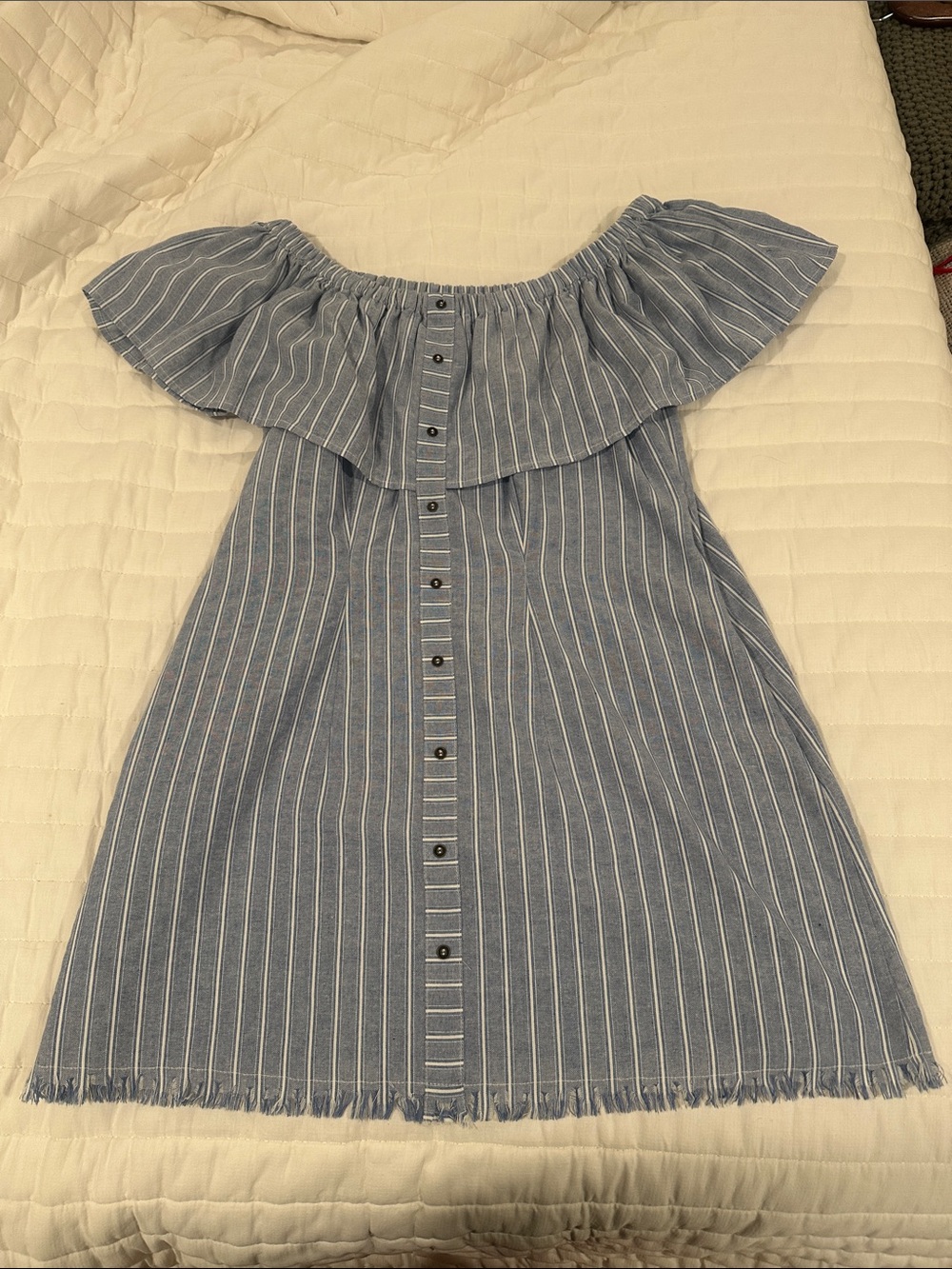 Umgee Blue and White Striped Off-Shoulder Button Dress